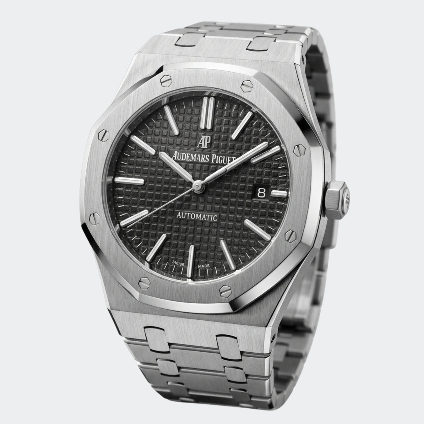 Octagonal steel automatic watch with textured dial and integrated bracelet