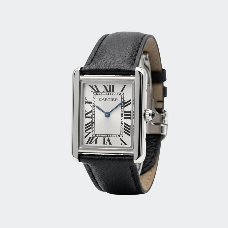Rectangular dress watch with Roman numeral dial and leather strap