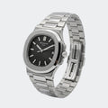 Rounded steel automatic watch with horizontally embossed dial and integrated bracelet