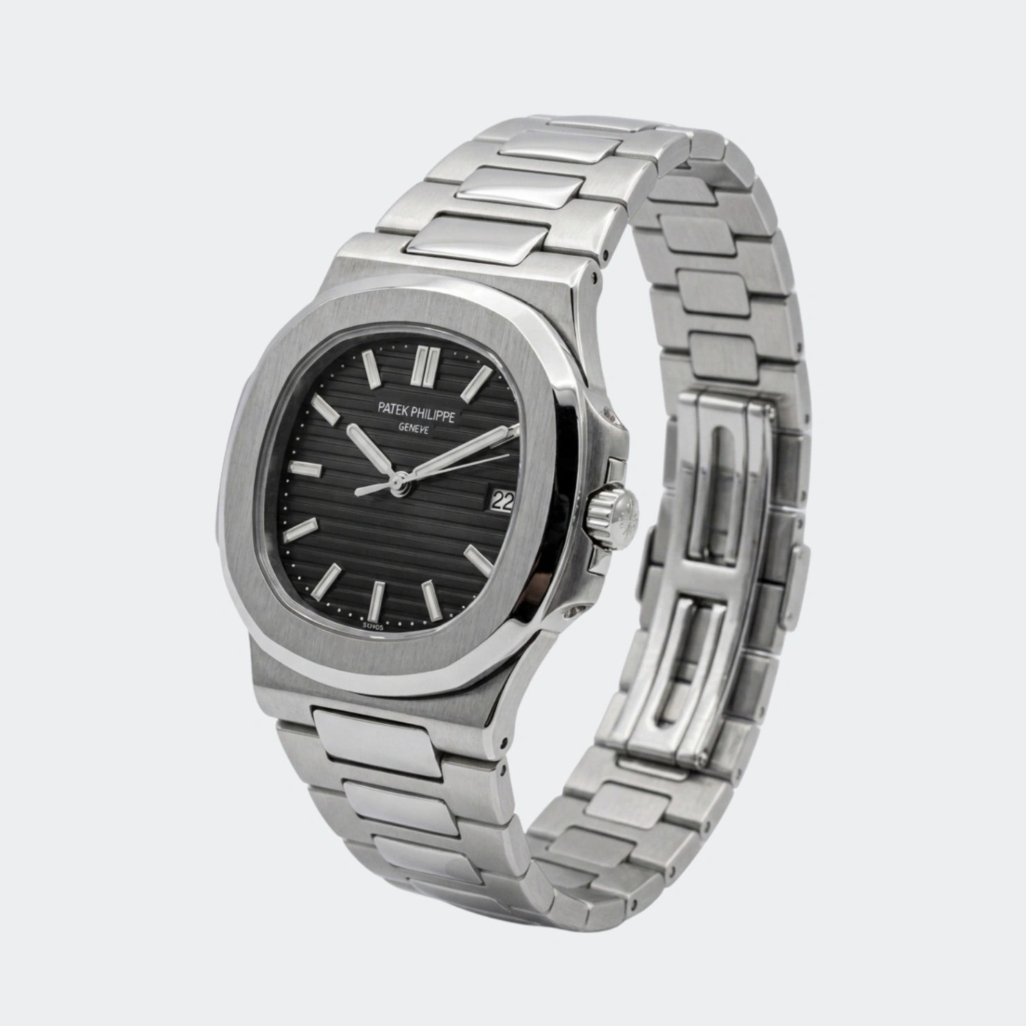 Rounded steel automatic watch with horizontally embossed dial and integrated bracelet