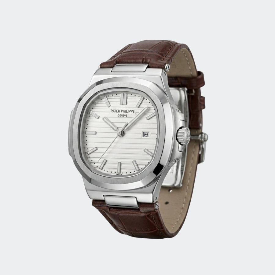 Slim steel automatic dress watch on stitched leather strap