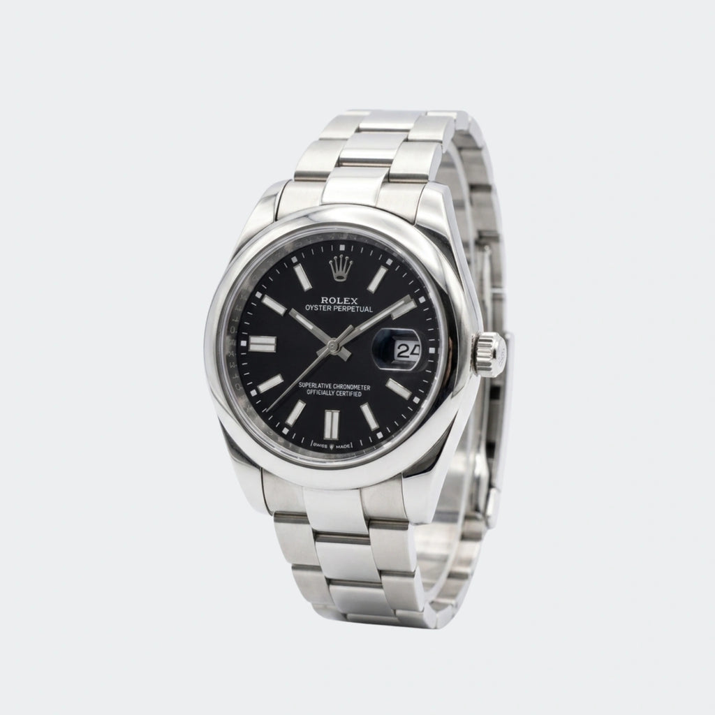 Steel automatic watch with black dial and three-link bracelet
