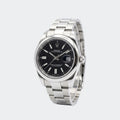 Steel automatic watch with black dial and three-link bracelet