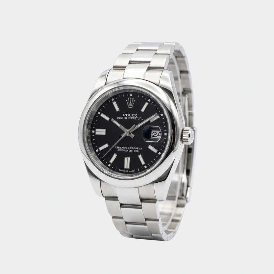 Steel automatic watch with black dial and three-link bracelet