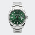 Steel automatic watch with green sunburst dial and five-link bracelet
