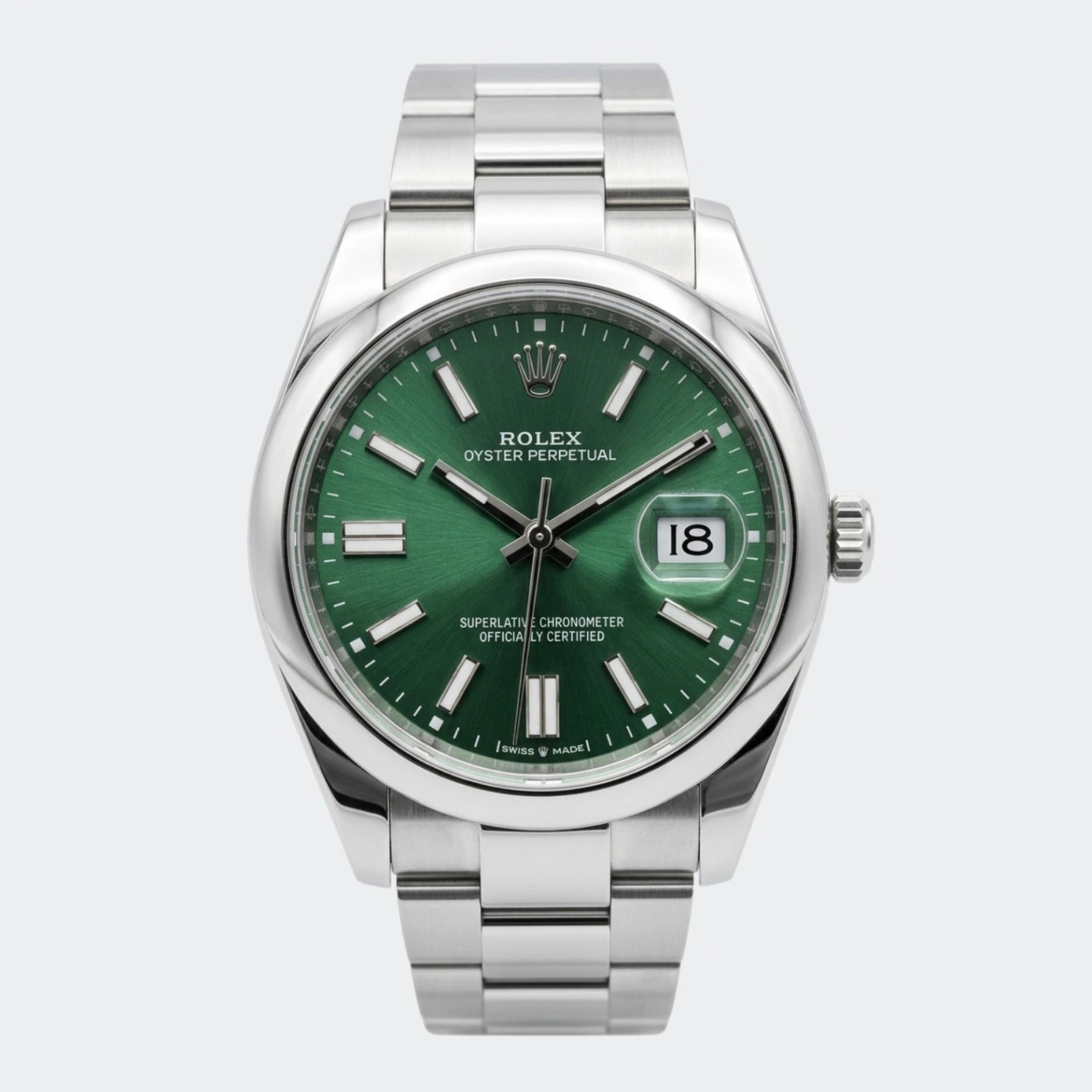 Steel automatic watch with green sunburst dial and five-link bracelet
