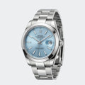Steel automatic watch with pale turquoise dial and five-link bracelet
