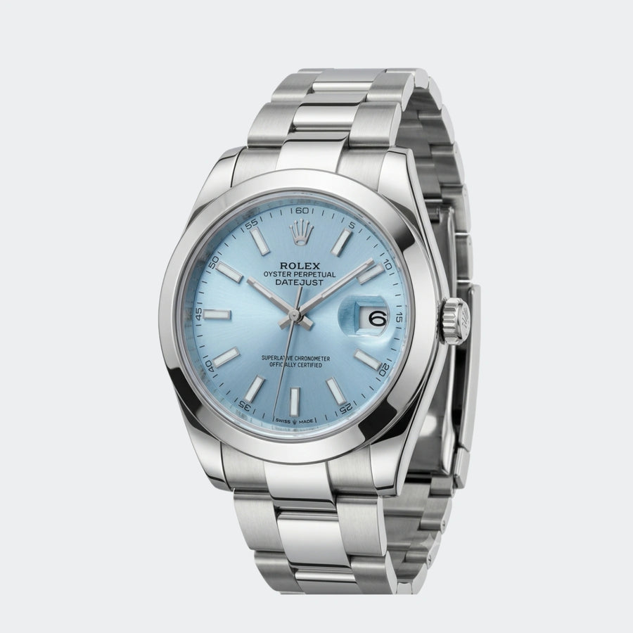 Steel automatic watch with pale turquoise dial and five-link bracelet