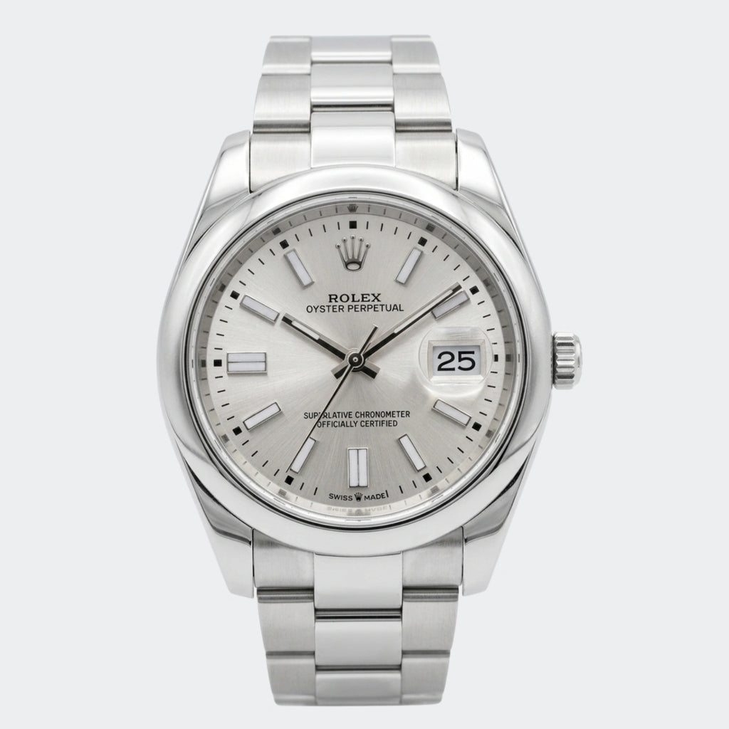 Steel automatic watch with white dial and three-link bracelet