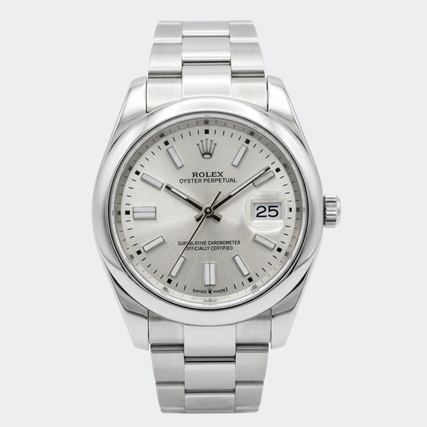Steel automatic watch with white dial and three-link bracelet