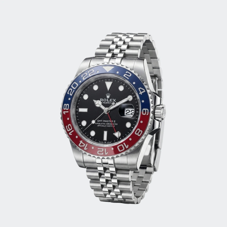 Steel and gold automatic watch with blue and red split bezel