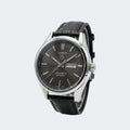 Automatic watch with black dial, day-date display and black leather strap