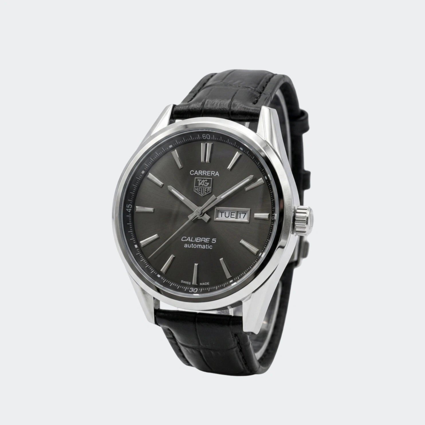 Automatic watch with black dial, day-date display and black leather strap
