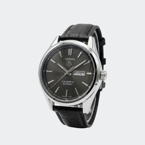 Automatic watch with black dial, day-date display and black leather strap