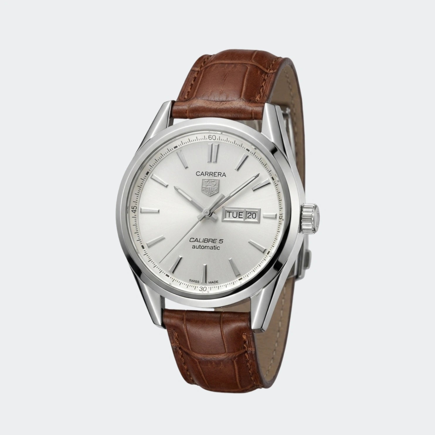 Automatic watch with ivory dial, day-date display and brown leather strap