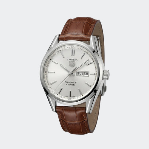 Automatic watch with ivory dial, day-date display and brown leather strap