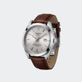 Plain steel quartz watch with clean dial and date window