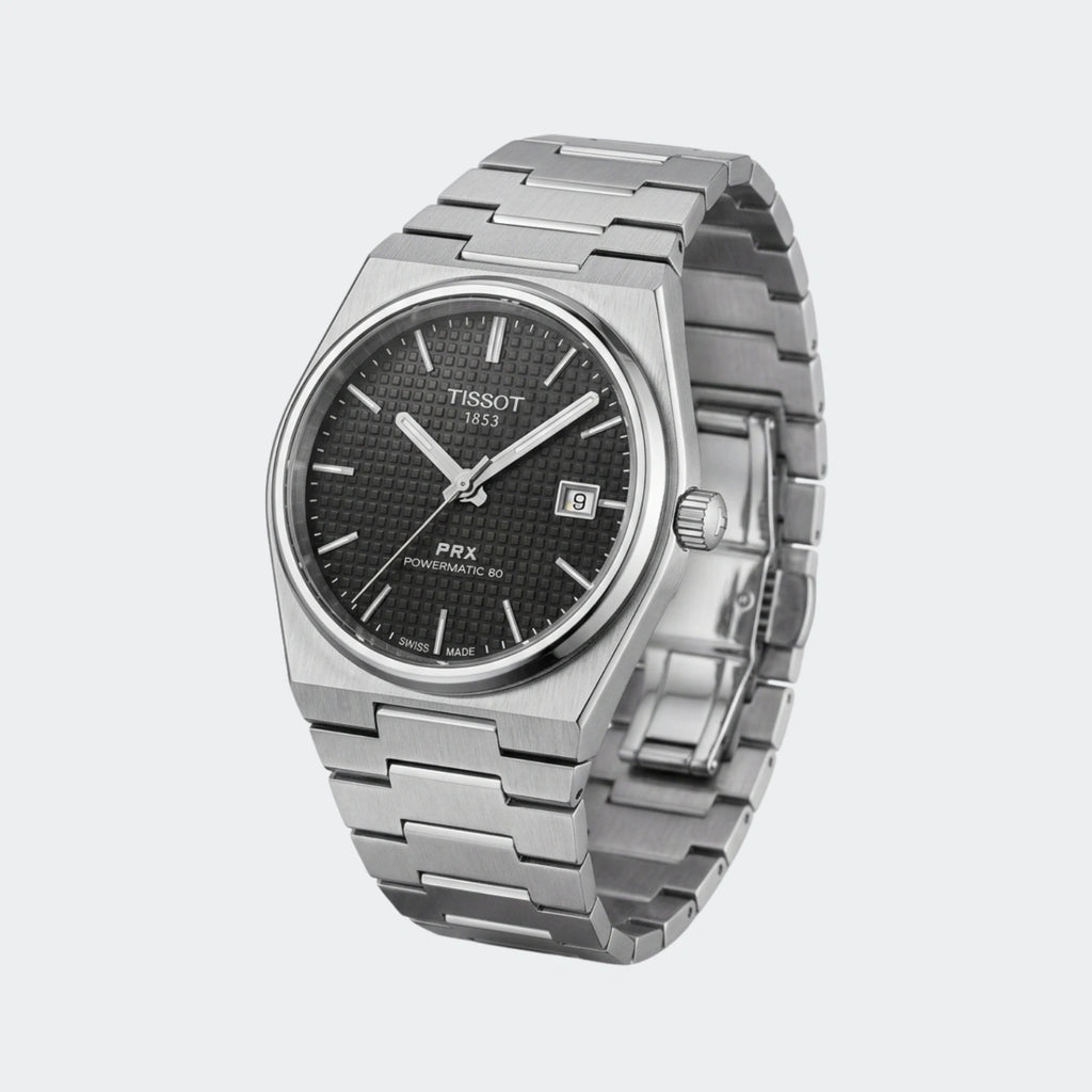 Thin steel quartz watch with black dial and integrated tapering bracelet