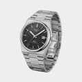 Thin steel quartz watch with black dial and integrated tapering bracelet