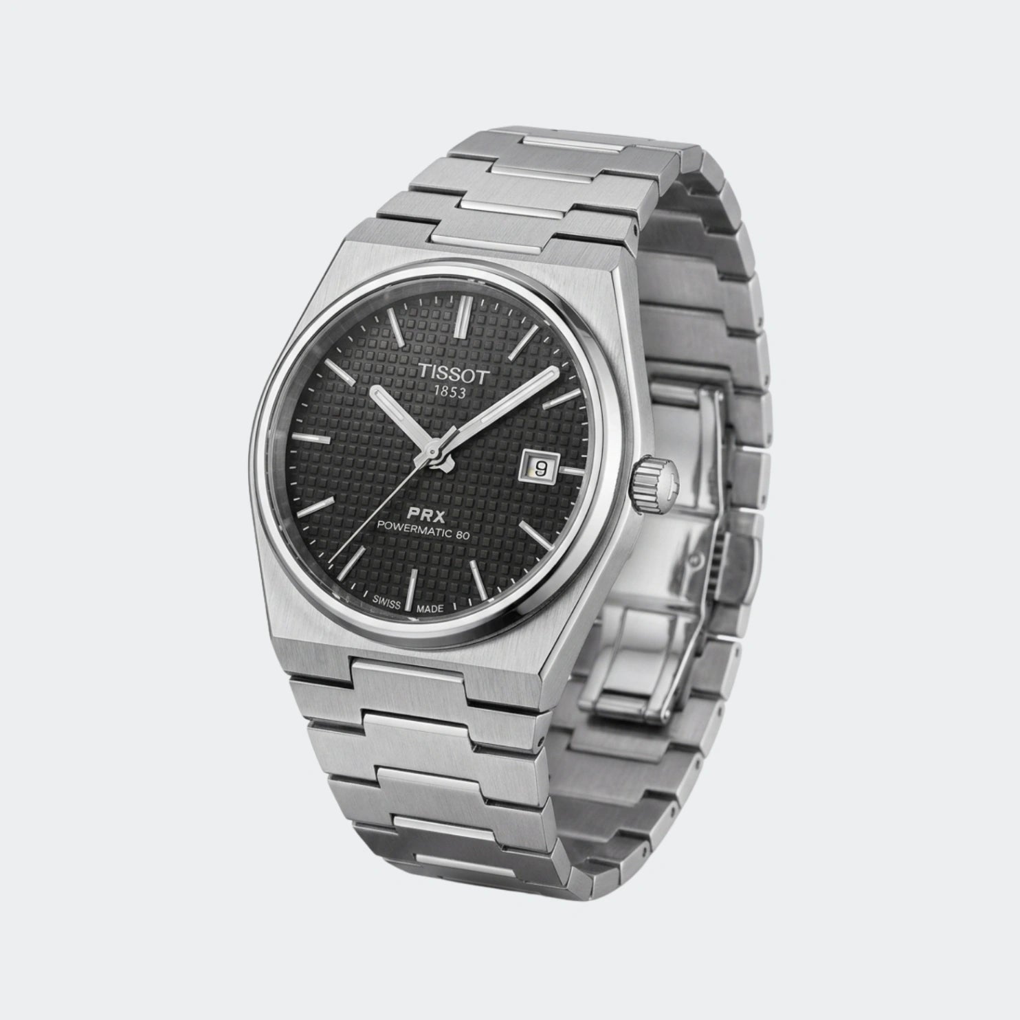 Thin steel quartz watch with black dial and integrated tapering bracelet
