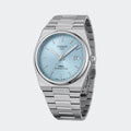 Steel quartz watch with turquoise dial and integrated tapering bracelet