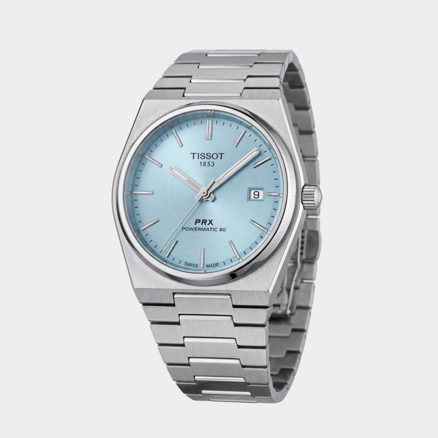 Steel quartz watch with turquoise dial and integrated tapering bracelet