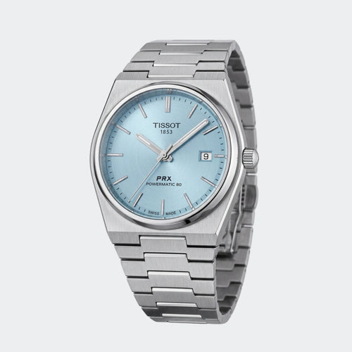 Steel quartz watch with turquoise dial and integrated tapering bracelet