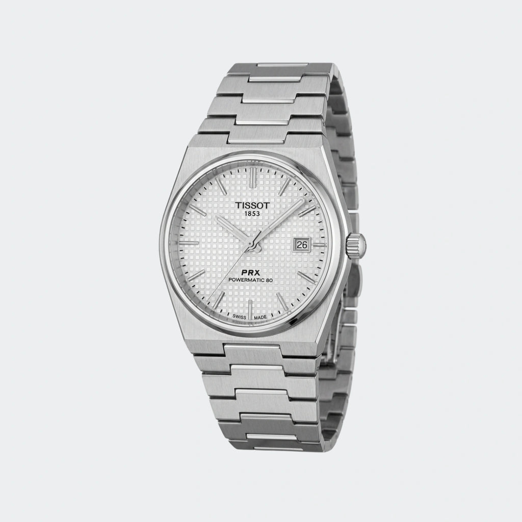 Steel quartz watch with white dial and integrated tapering bracelet