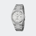 Steel quartz watch with white dial and integrated tapering bracelet