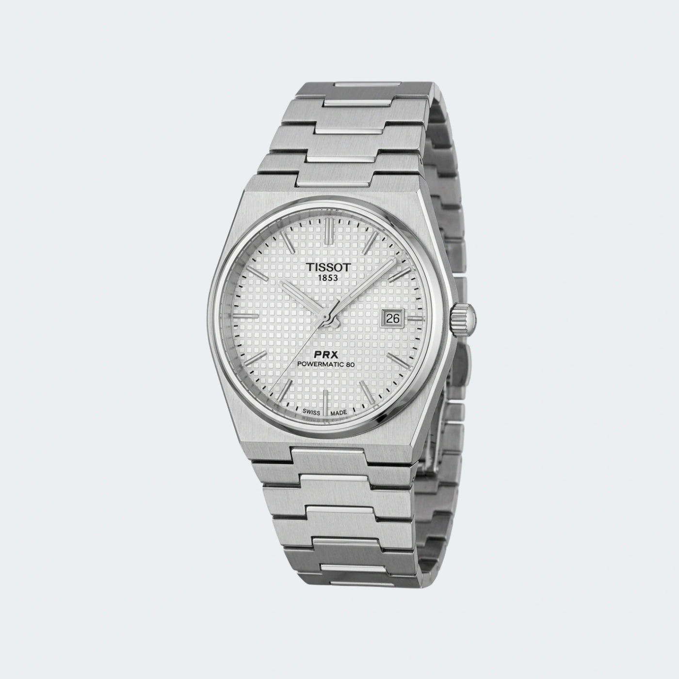 Steel quartz watch with white dial and integrated tapering bracelet