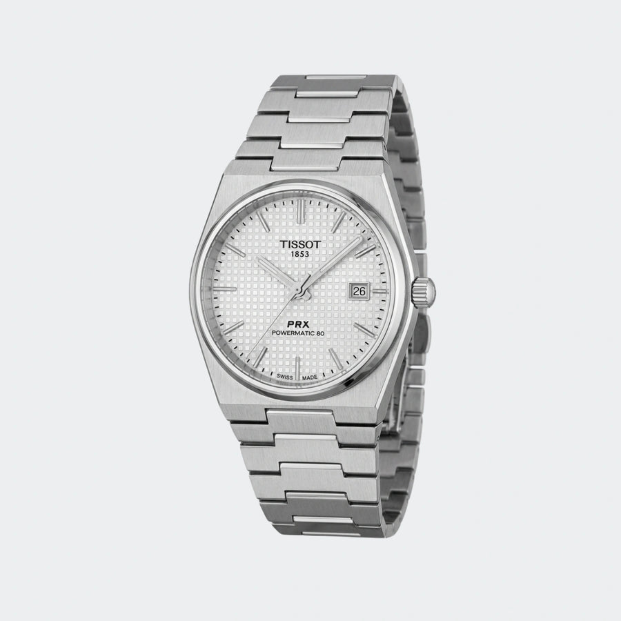 Steel quartz watch with white dial and integrated tapering bracelet